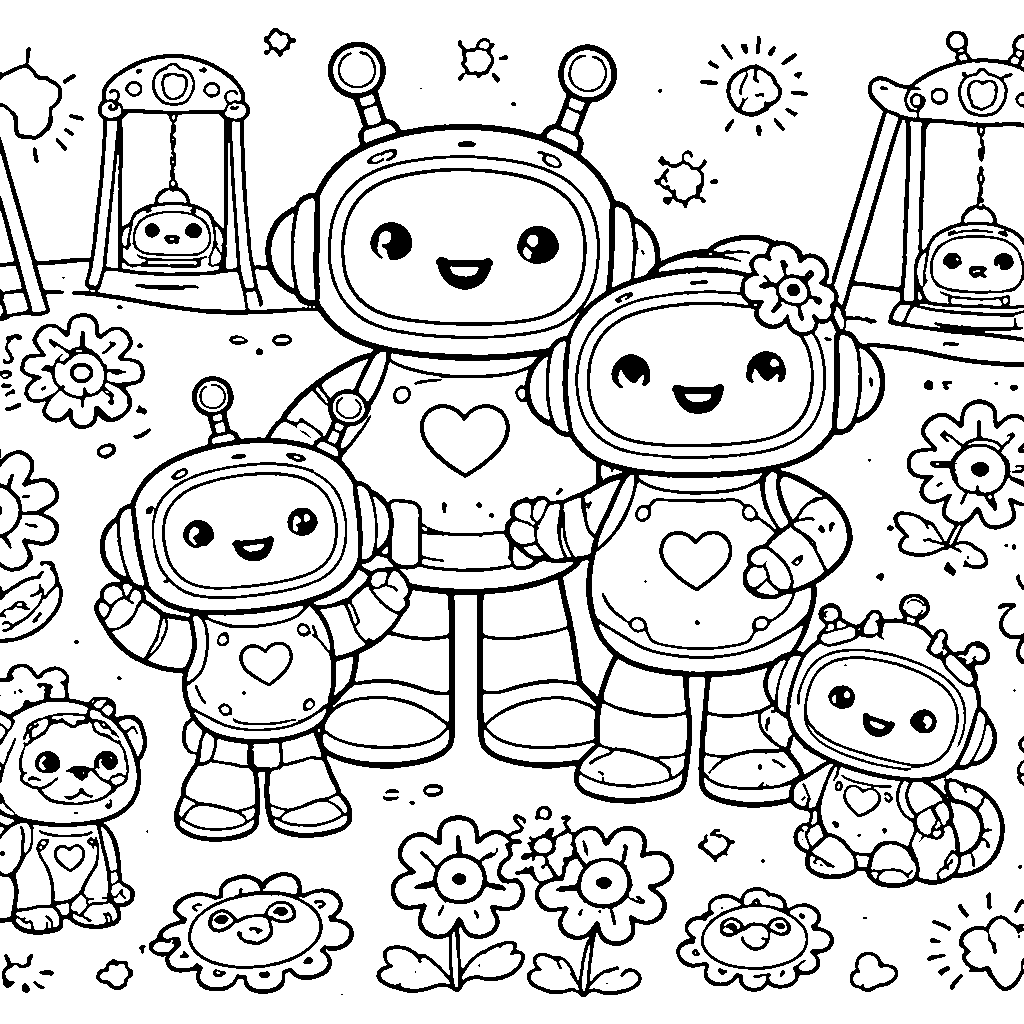 Family of Friendly Robots Coloring Page