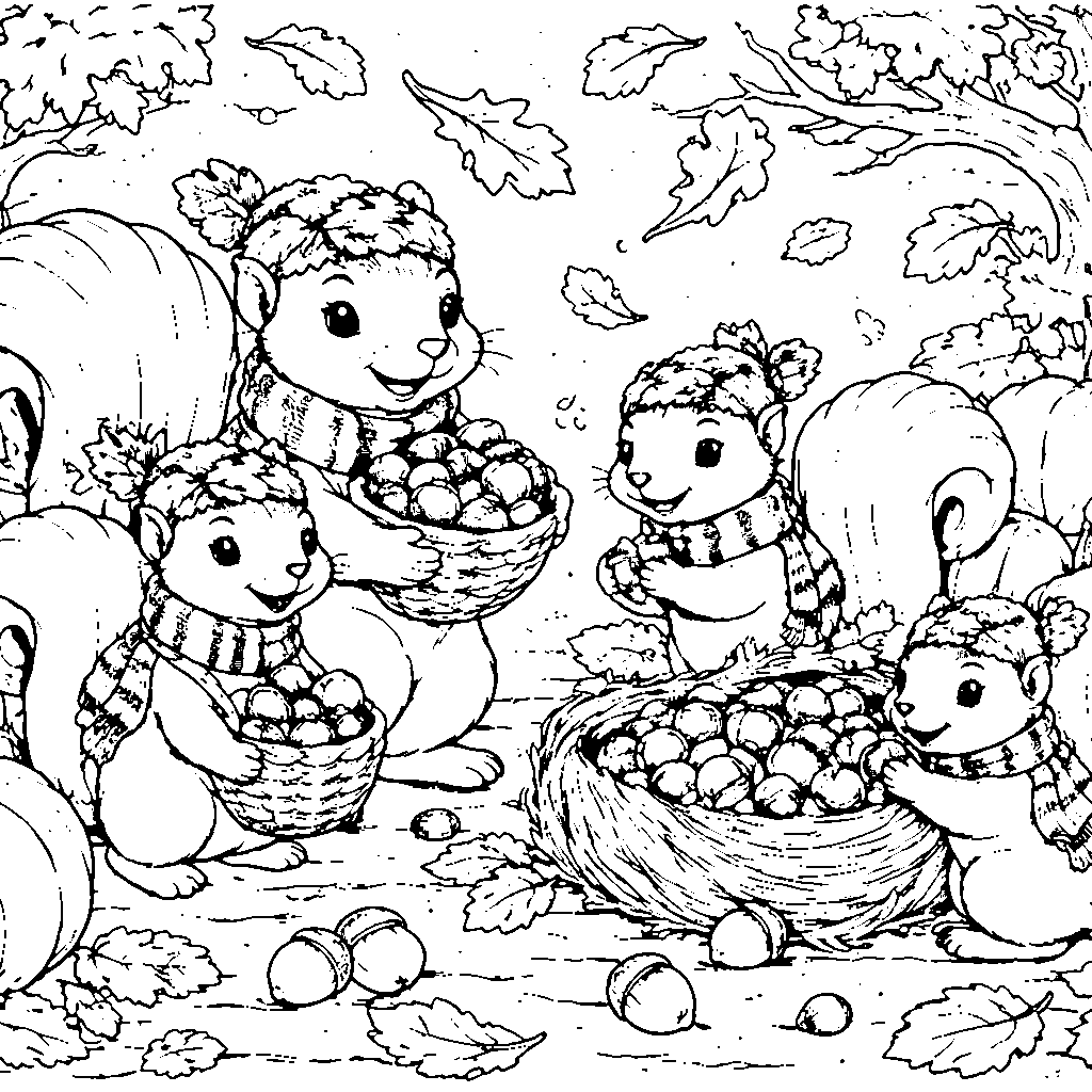 Family of Friendly Squirrels Collecting Acorns Coloring Page