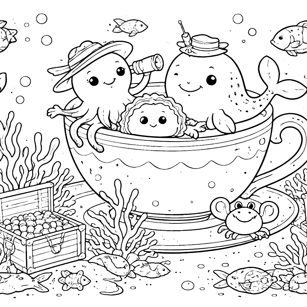 Coloring Page of a Family of Whimsical Sea Creatures