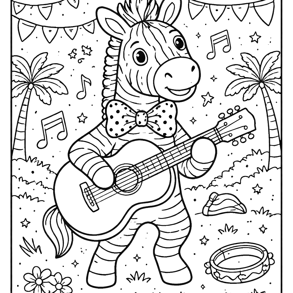 Coloring Page of a Fashionable Zebra at a Music Festival