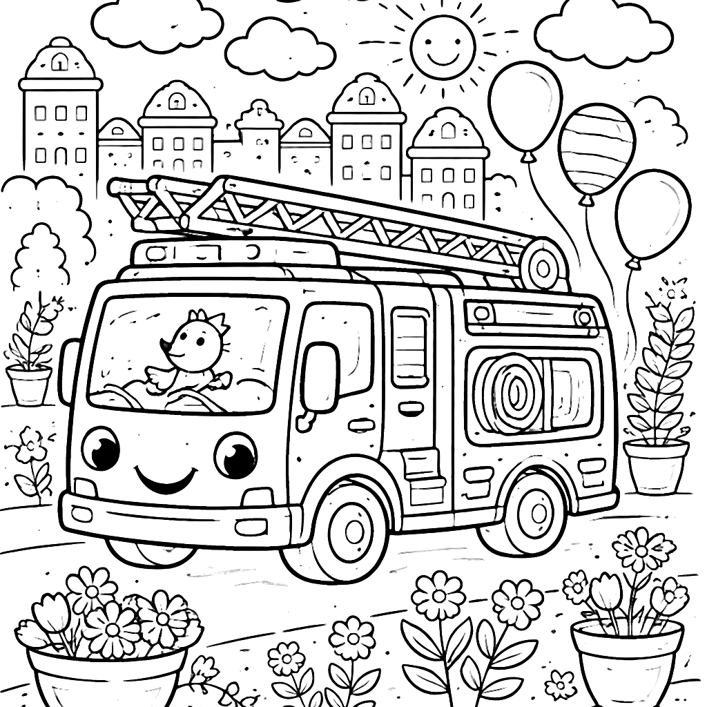 Whimsical Fire Truck Coloring Page with a Tiny Bird