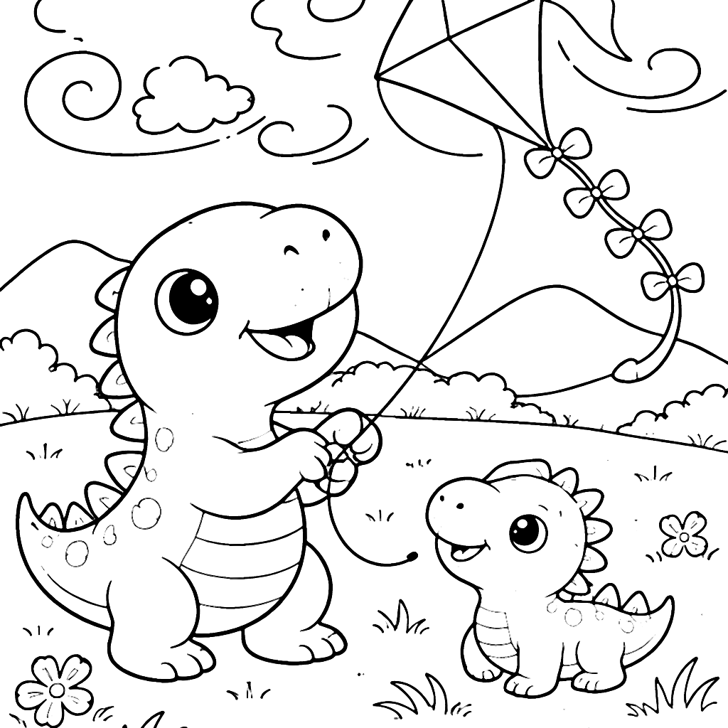 A Flying Kite Coloring Page with a Dinosaur Companion