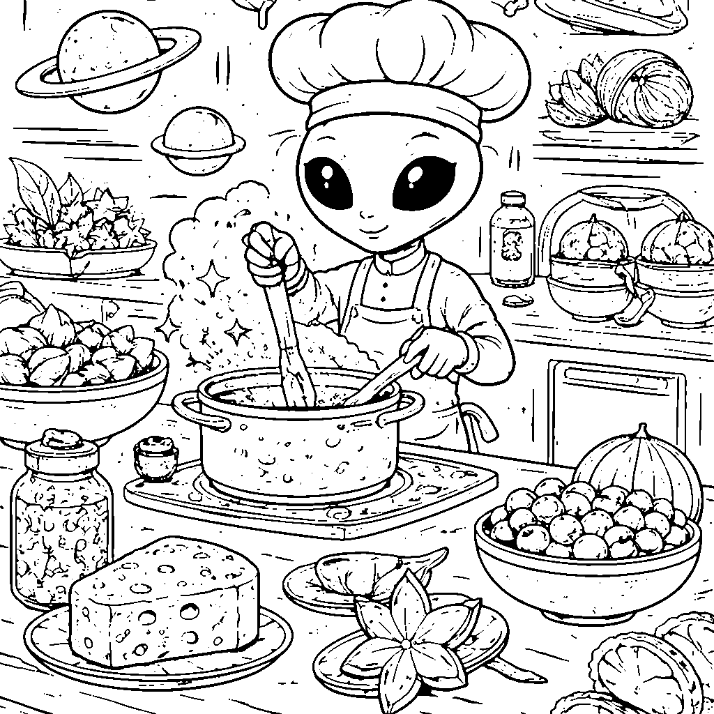 Friendly Alien Chef Coloring Page
