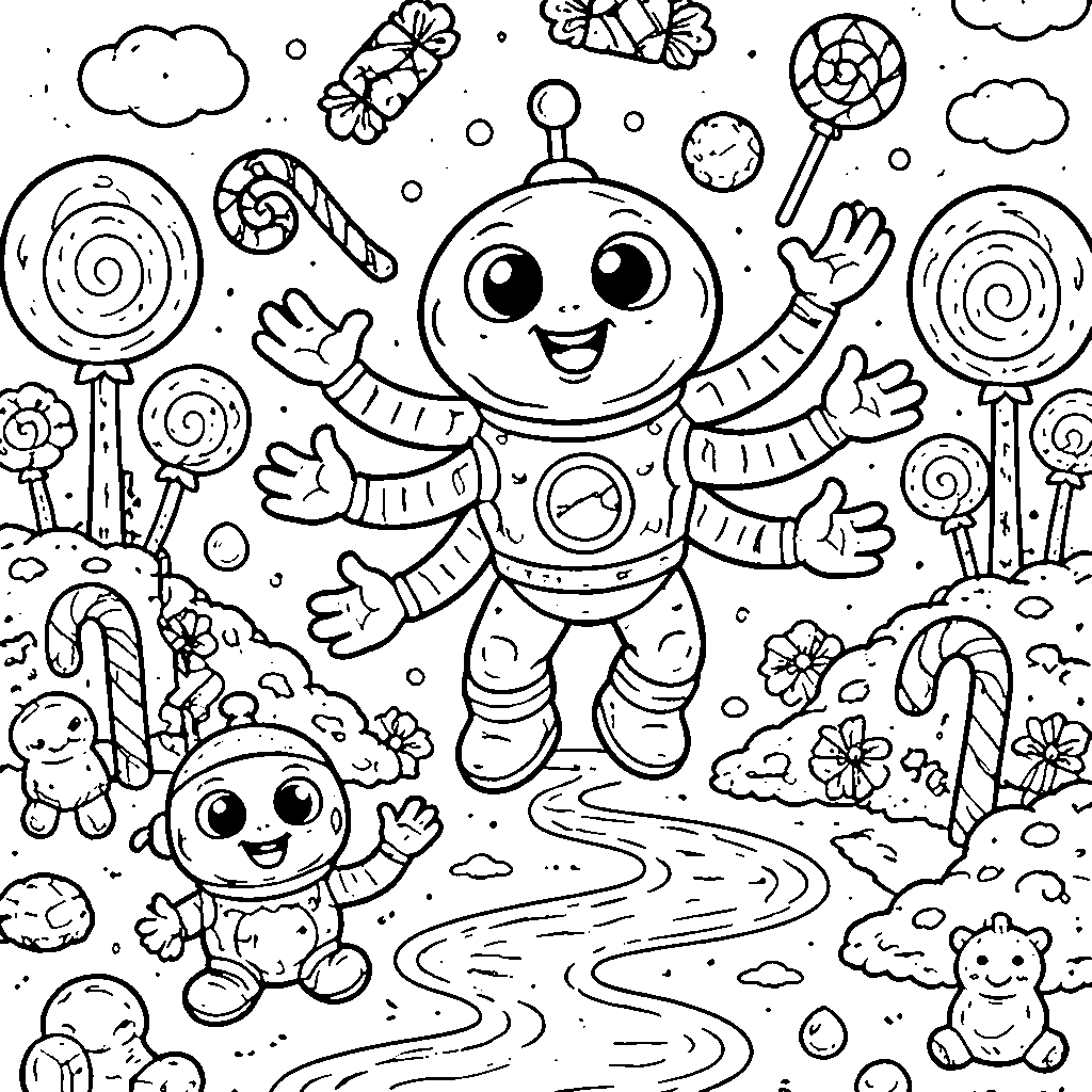Friendly Alien on a Candy-Filled Planet Coloring Page