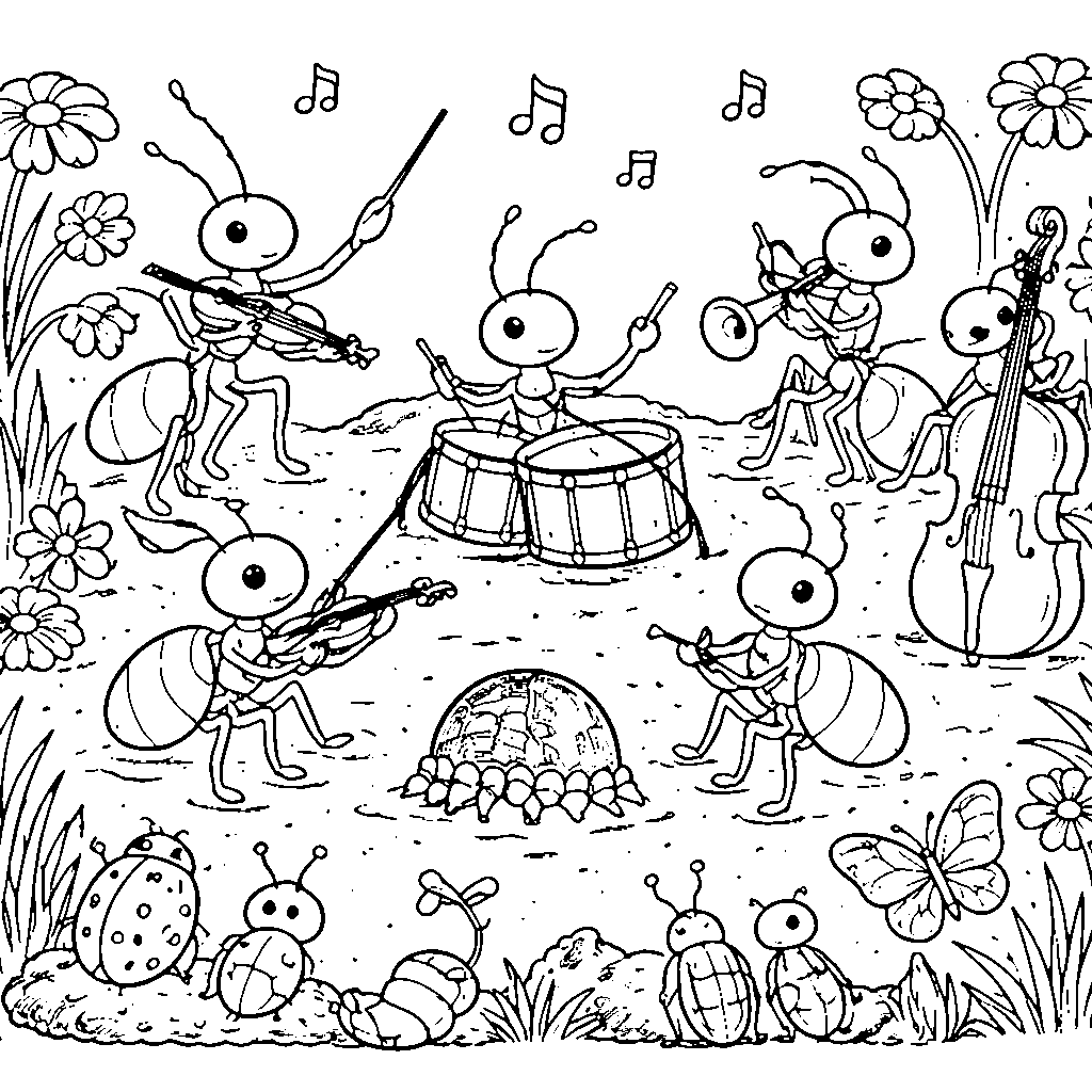 Friendly Ant Orchestra Coloring Page