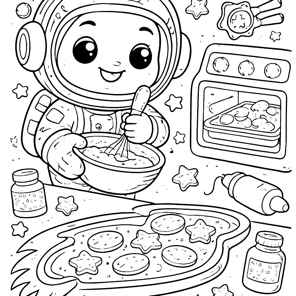 Coloring Page of a Friendly Astronaut Baking Cookies