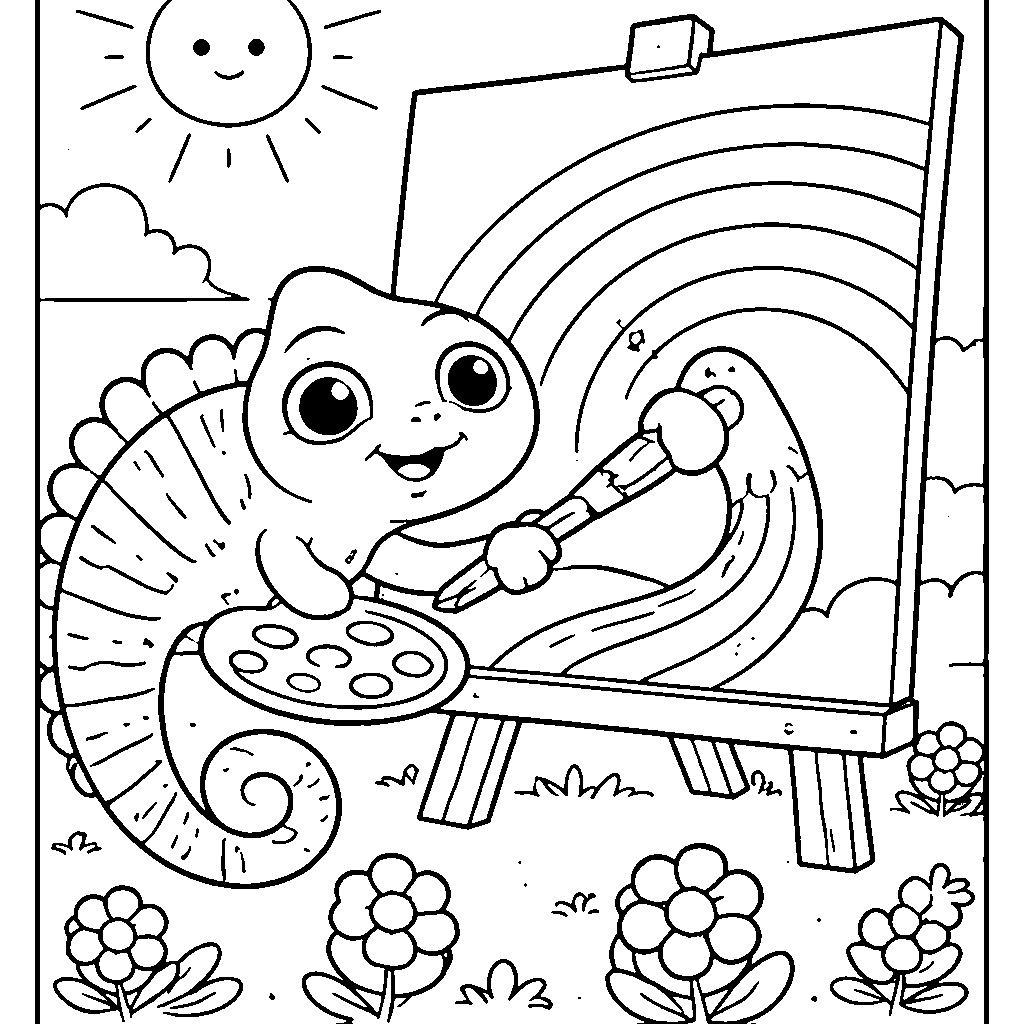 Coloring Page: Friendly Chameleon Changing Colors