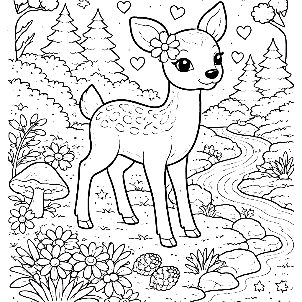 Coloring Page of a Friendly Deer in a Forest Glade