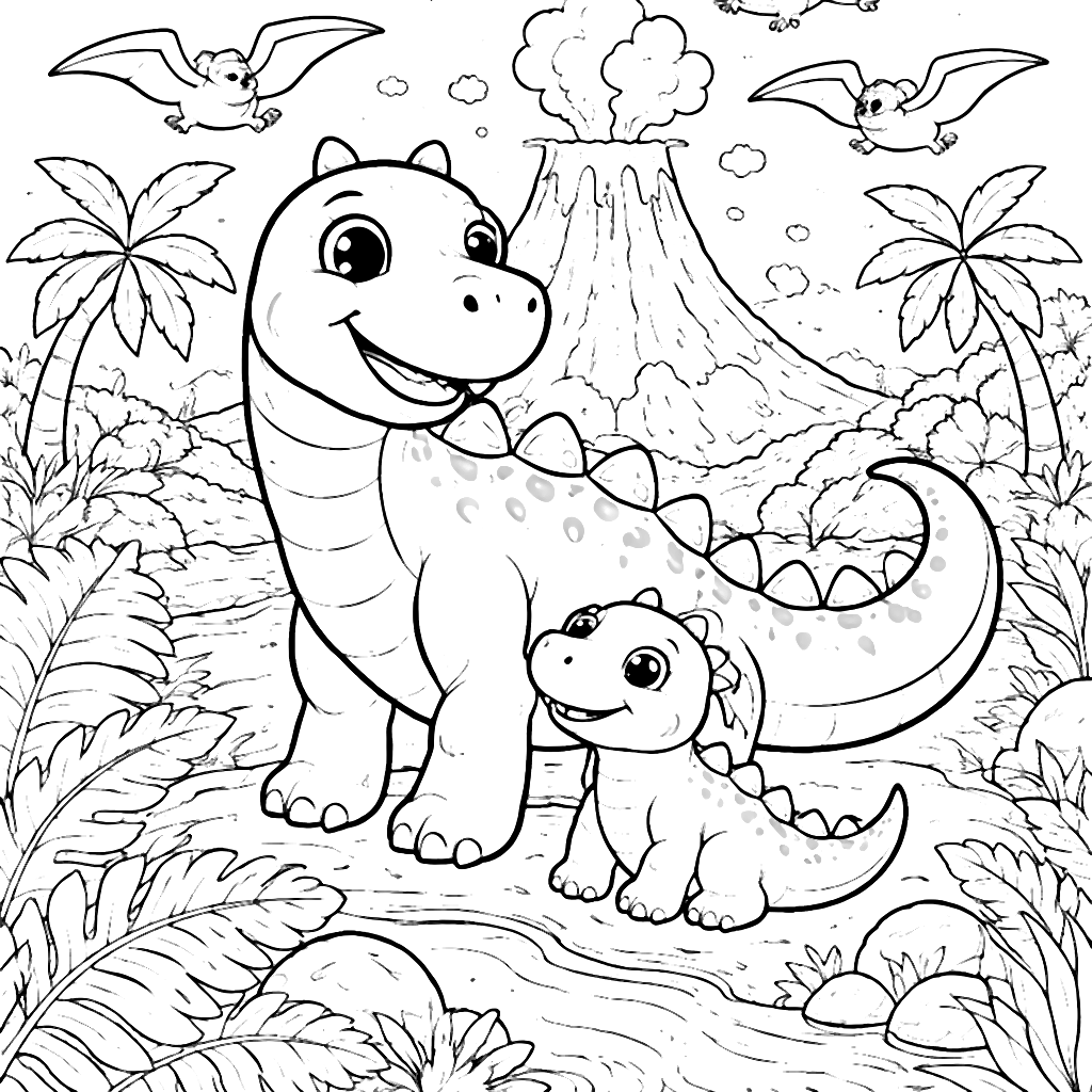 Coloring Page of a Friendly Dinosaur in a Jungle