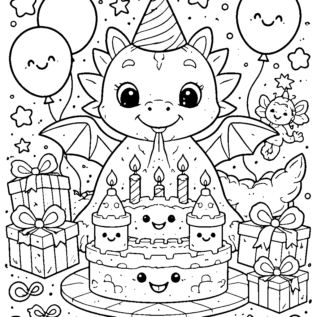 Friendly Dragon Birthday Coloring Page