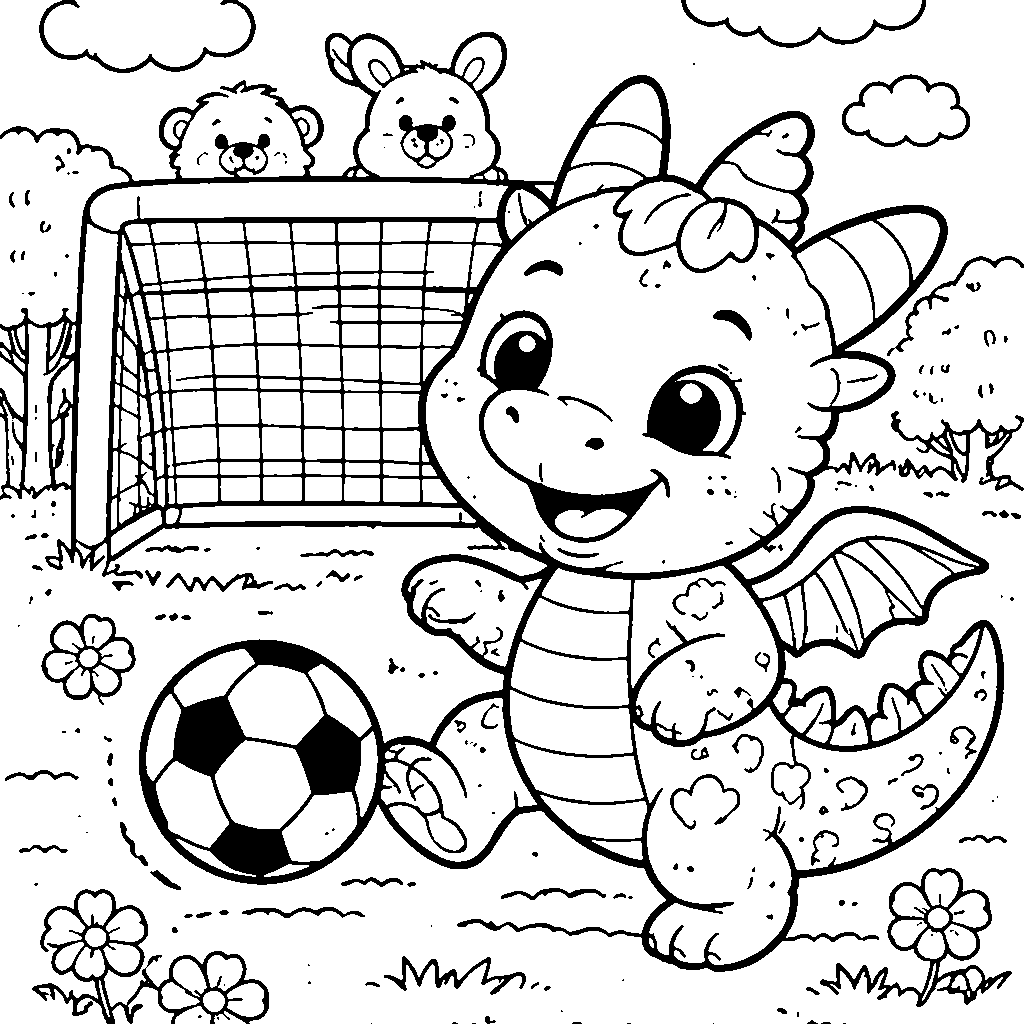 Friendly Dragon Playing Soccer Coloring Page