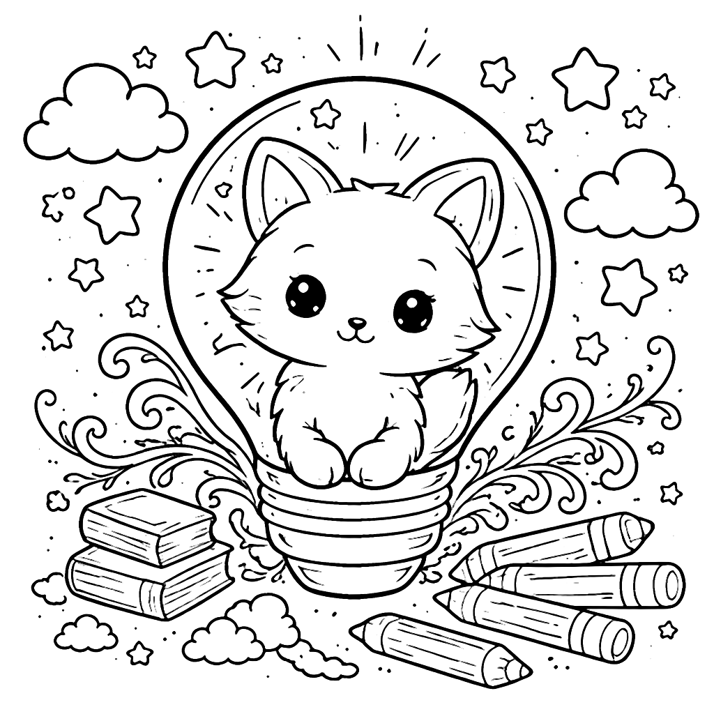 A Friendly Fox in a Glowing Lightbulb Coloring Page