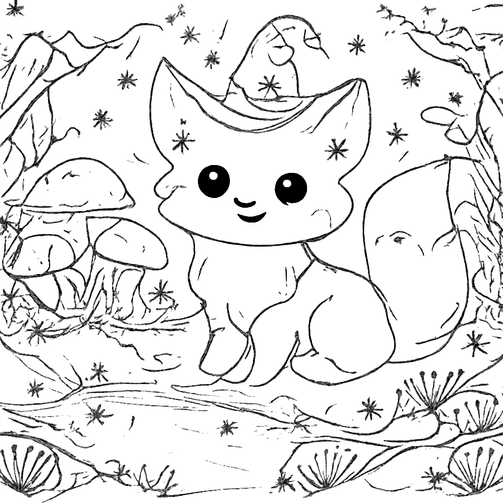 Coloring Page of a Friendly Fox in Enchanted Forest