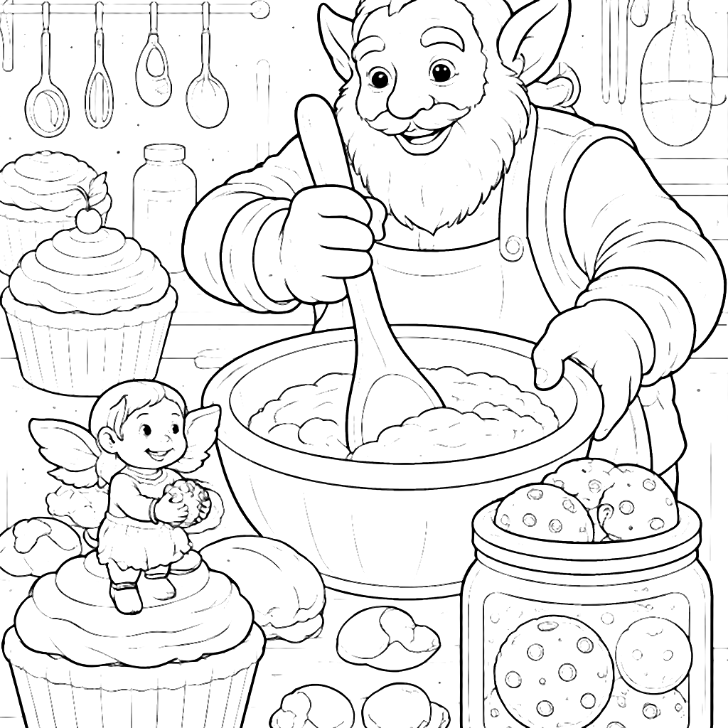 Coloring Page of a Friendly Giant in a Whimsical Kitchen
