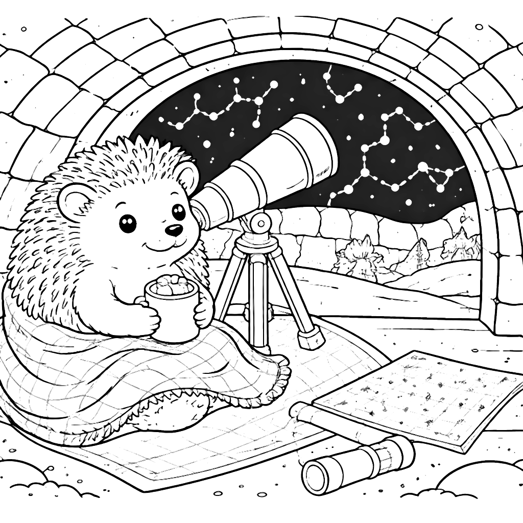 A Friendly Hedgehog Stargazing in a Cozy Igloo