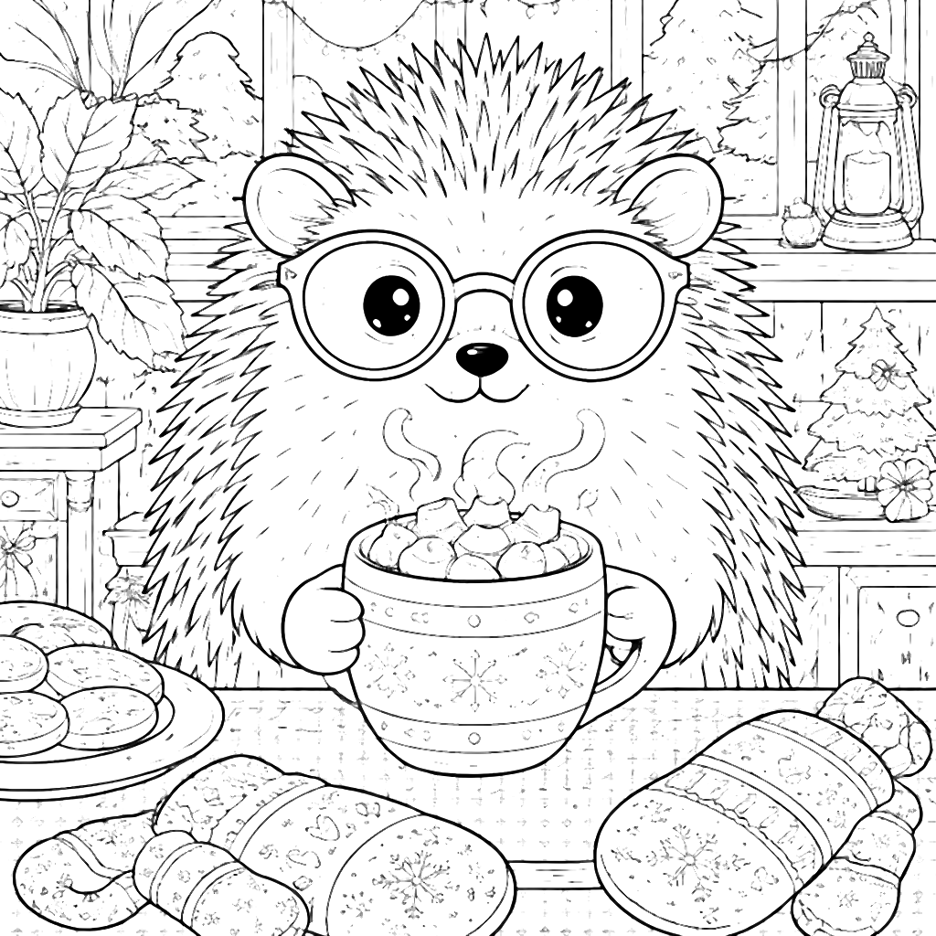A Friendly Hedgehog in a Cozy Winter Cottage Coloring Page