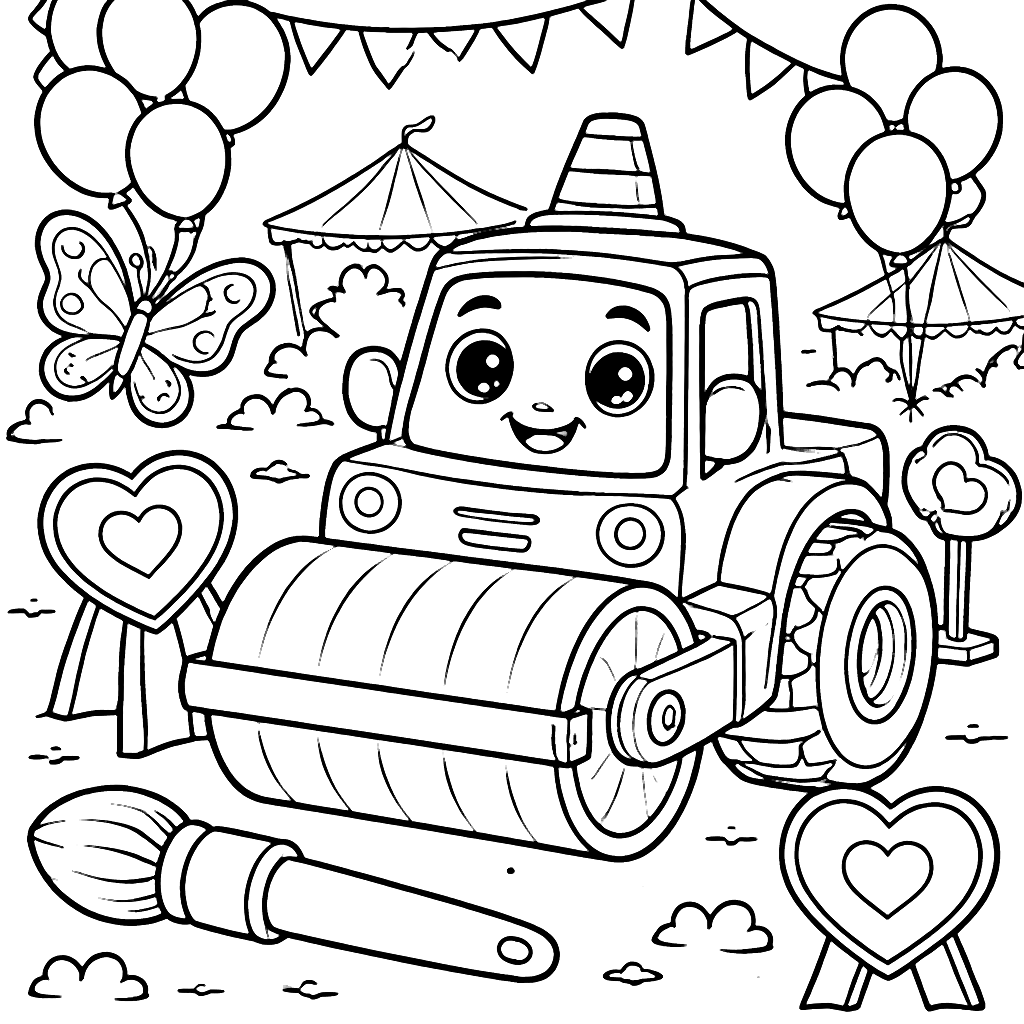 Coloring Page of a Friendly Road Roller in a Carnival
