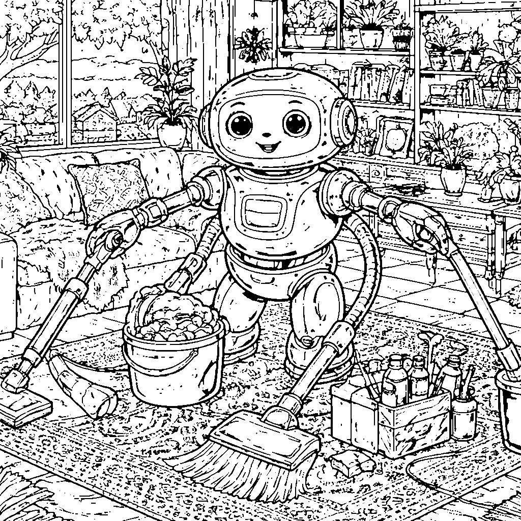 Friendly Robot Helping with Household Chores Coloring Page