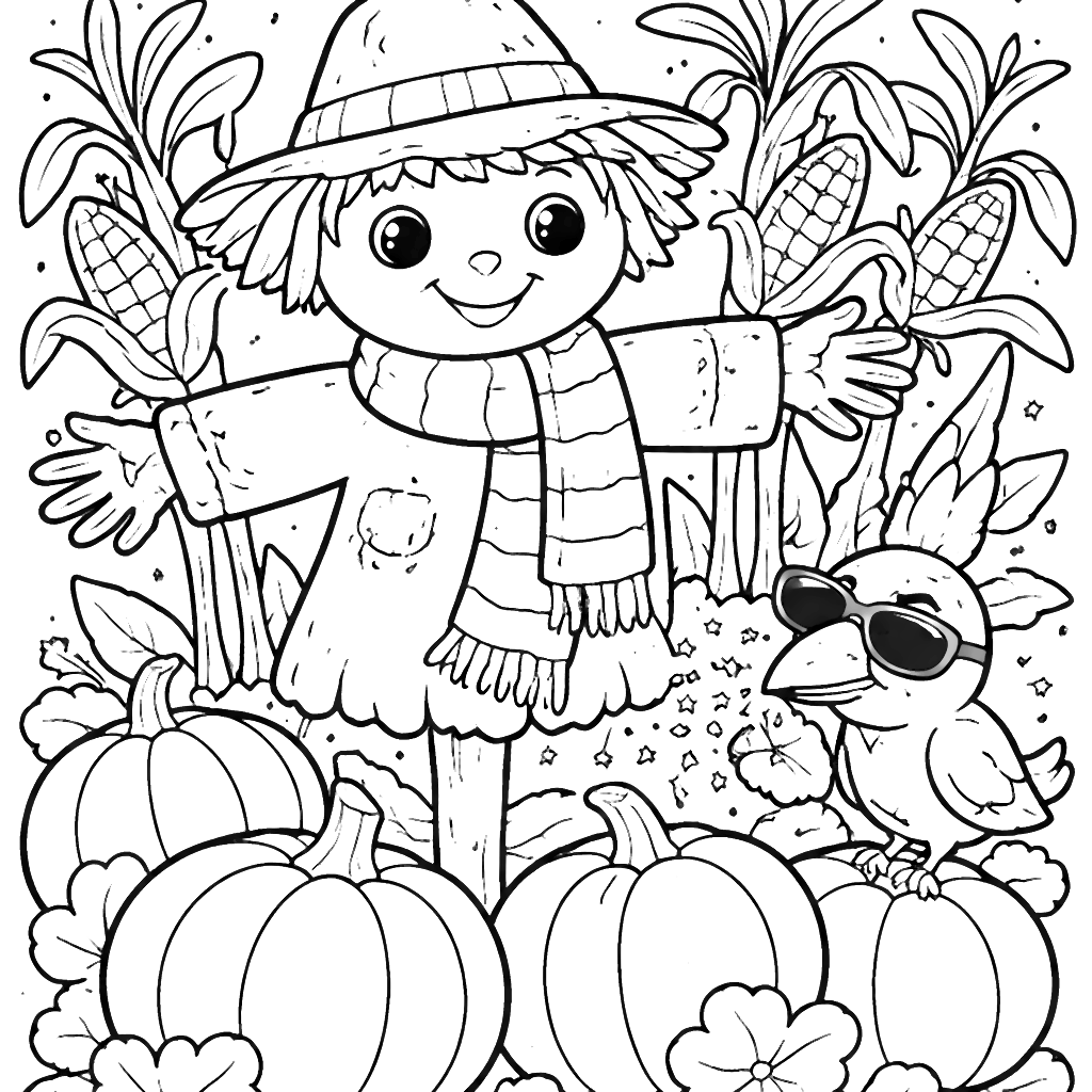 Coloring Page of a Friendly Scarecrow in a Pumpkin Patch