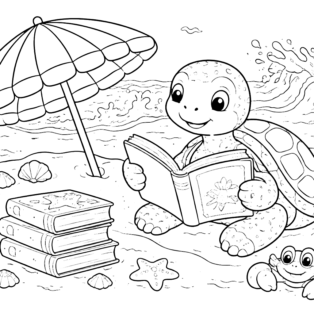 Color the Friendly Sea Turtle on a Sandy Beach