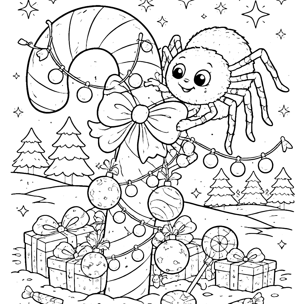 Color a Friendly Spider Decorating a Candy Cane