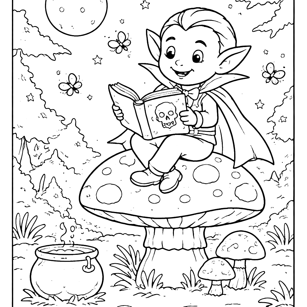 Coloring Page of a Friendly Vampire on a Mushroom