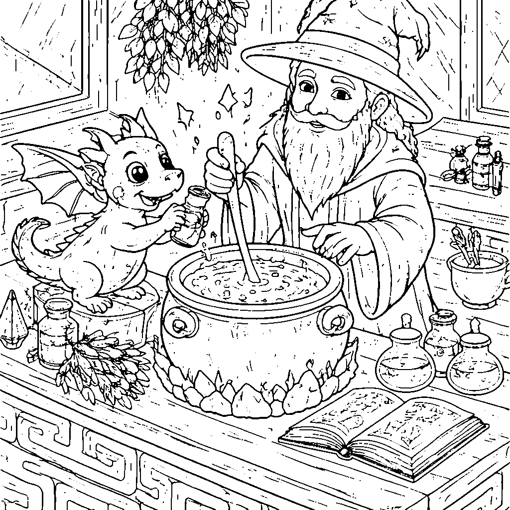 Friendly Wizard with Pet Dragon Coloring Page