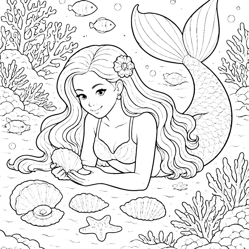 Coloring Page of a Graceful Mermaid at Coral Reef
