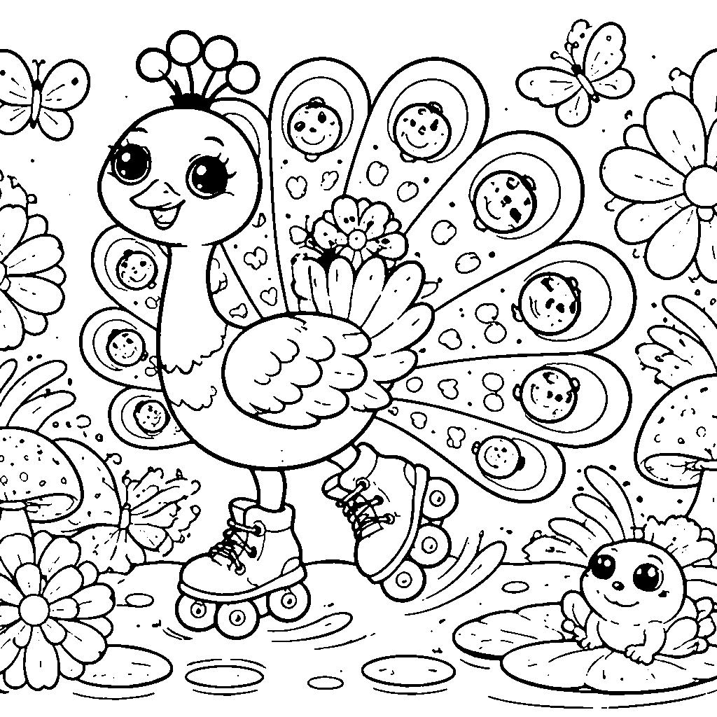 Coloring Page of a Graceful Peacock in a Lush Garden