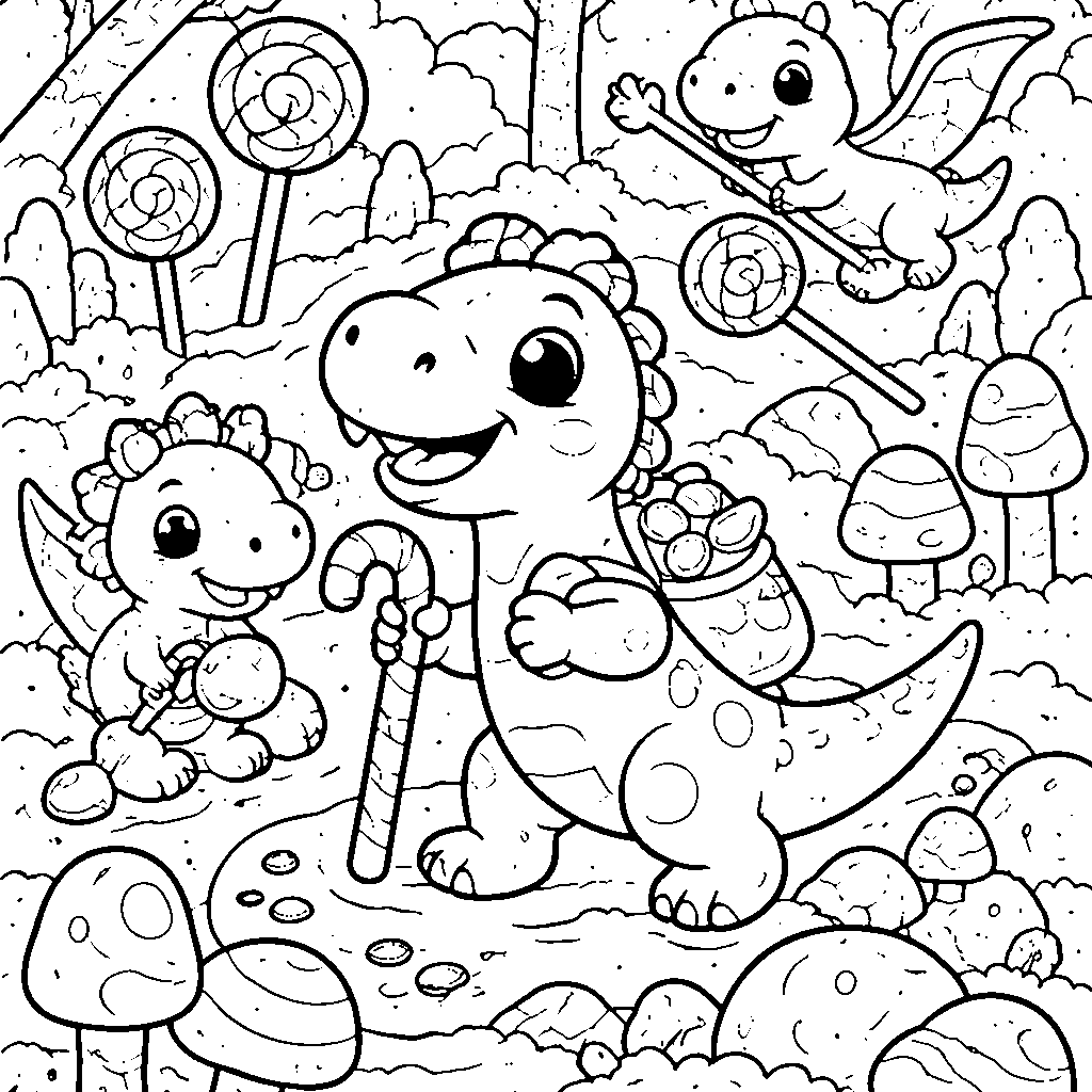 Adventurous Dinosaurs in a Candy Forest