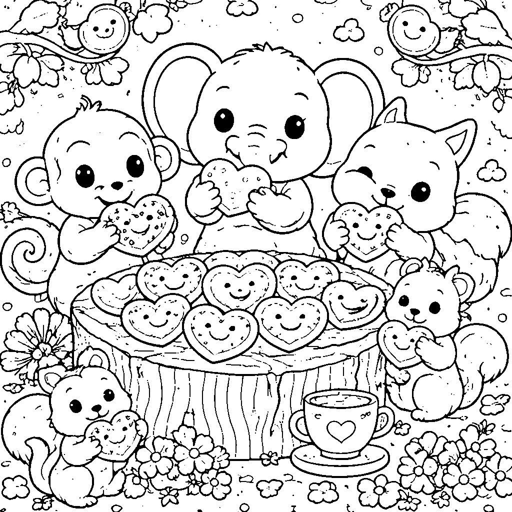 Animal Friends Sharing Heart-Shaped Cookies