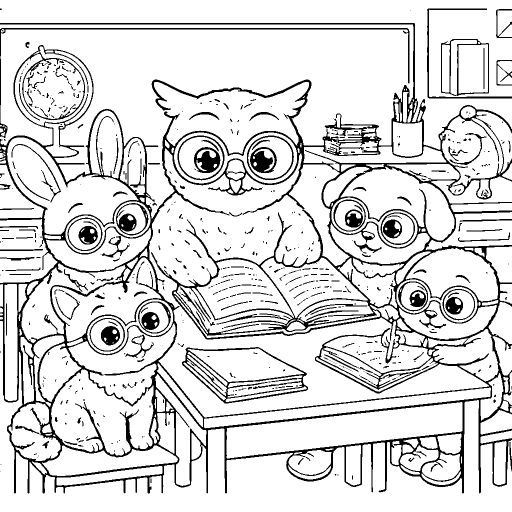 Diverse Animal Students in Classroom Coloring Page