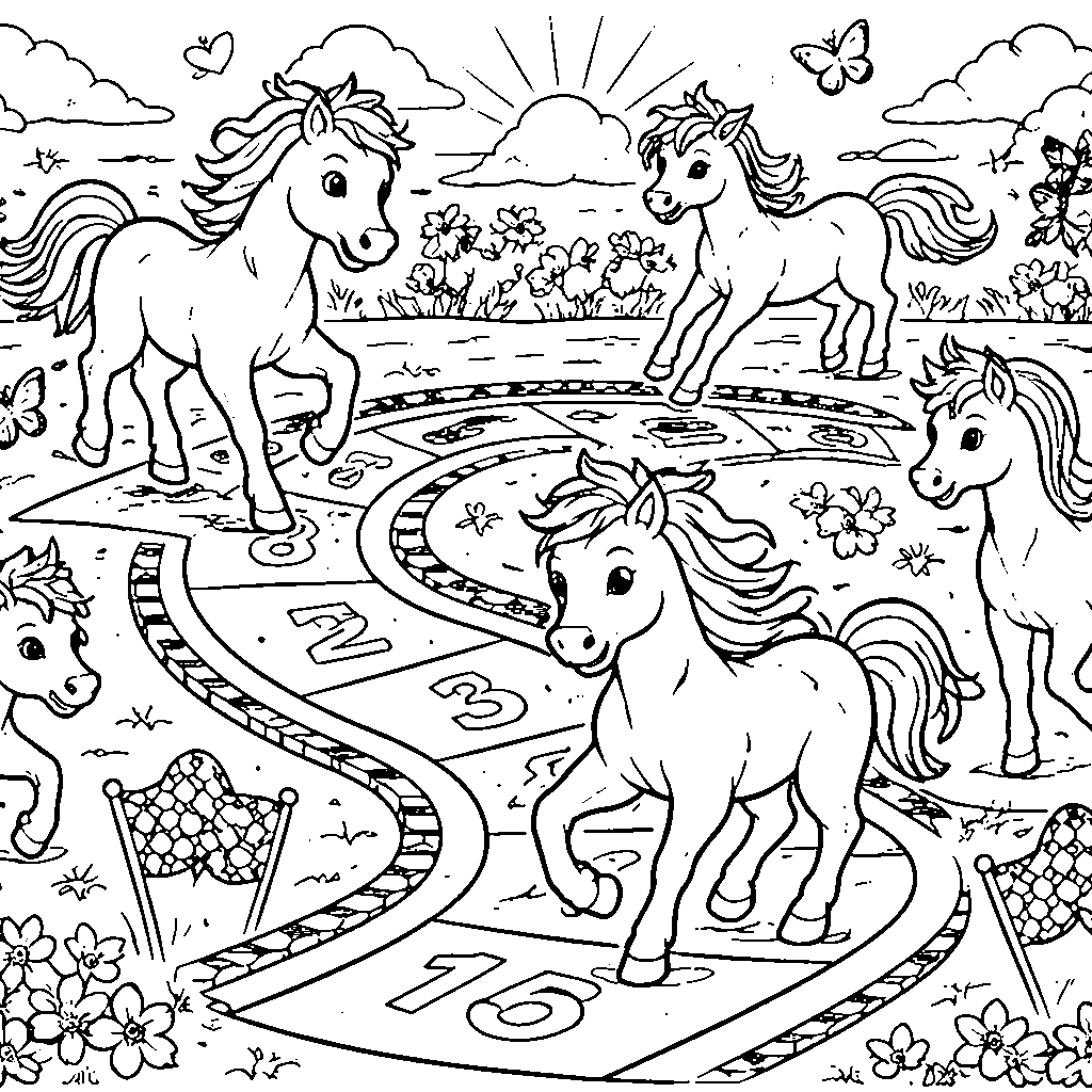 Horses Playing Hopscotch Coloring Page