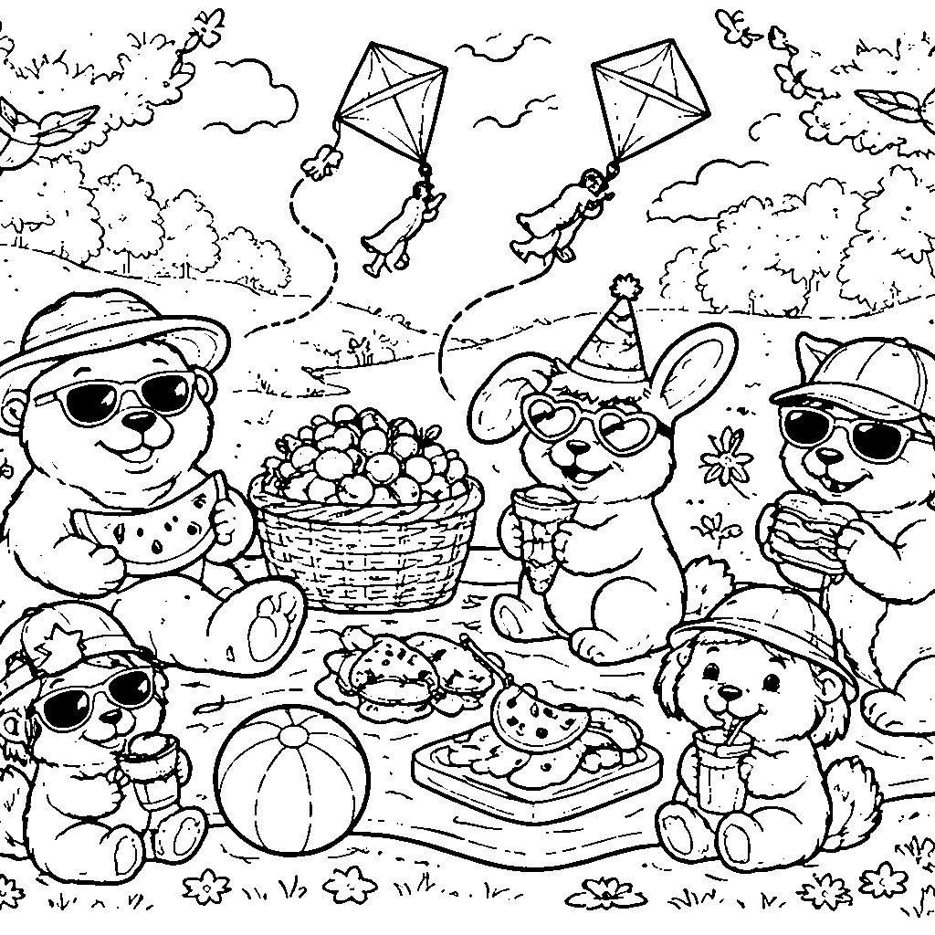 Playful Animals Summer Picnic Coloring Page