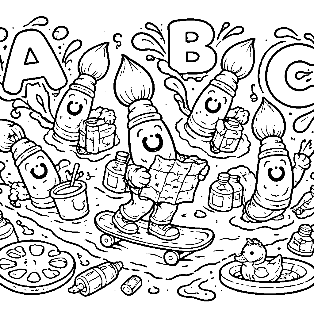 Playful Paintbrushes of the Alphabet Coloring Page