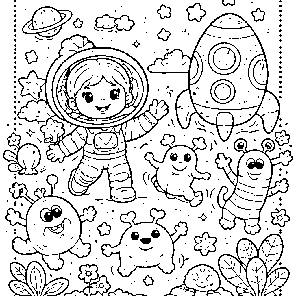 Happy Girl Astronaut Exploring a Colorful Alien Planet