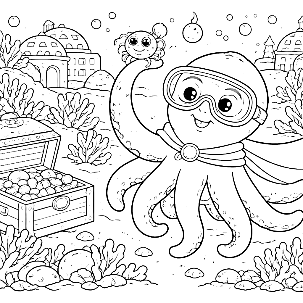Coloring Page of a Heroic Octopus and a Friendly Spider