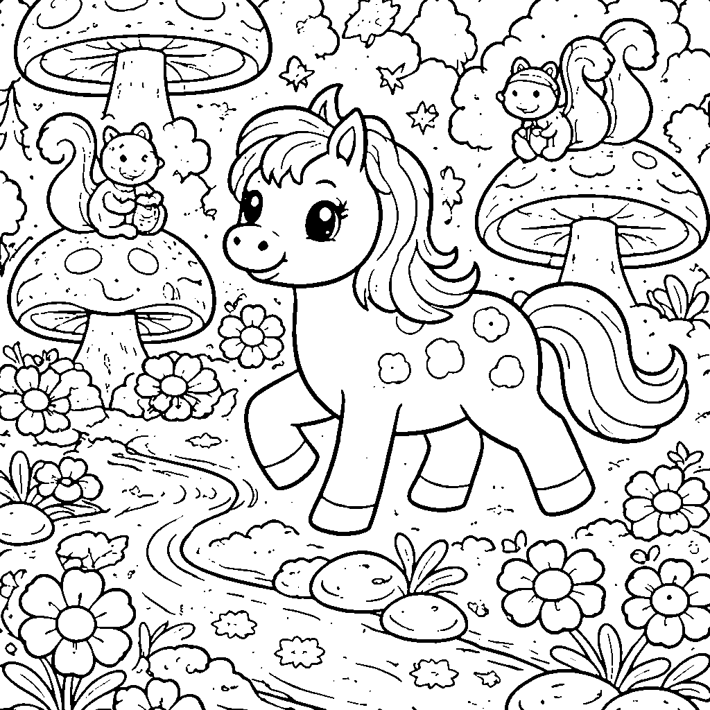 Horse in a Magical Forest Coloring Page