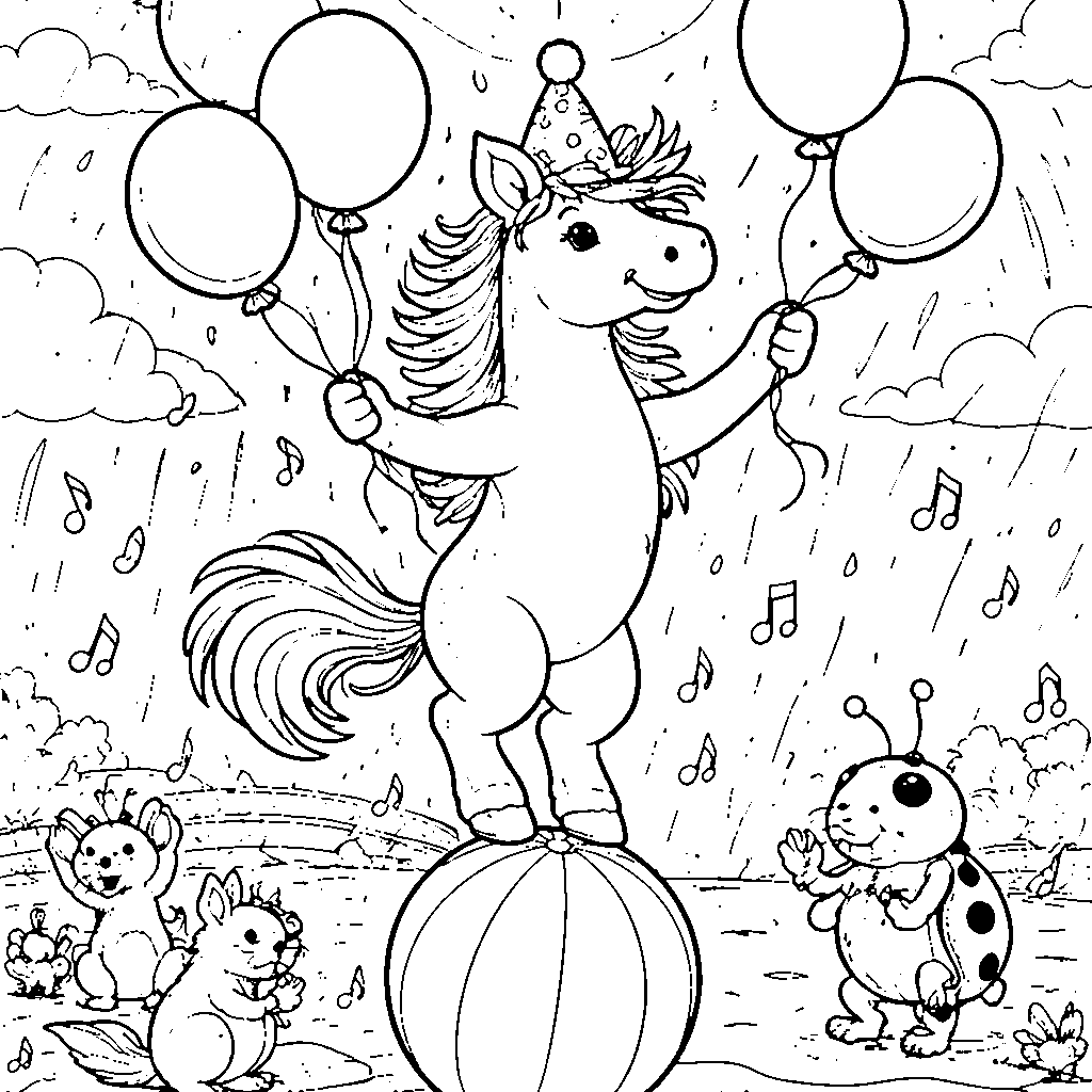 Juggling Horse with Colorful Balloons Coloring Page
