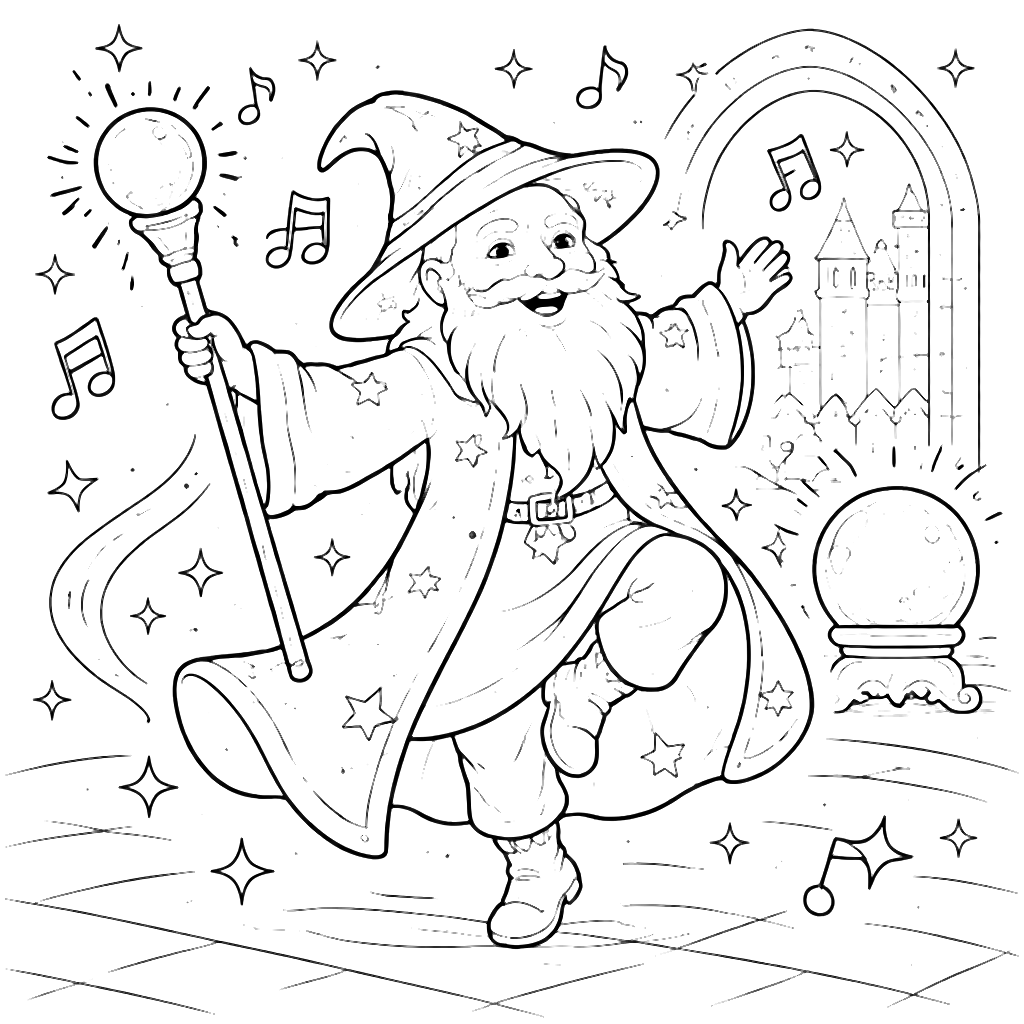 A Jovial Wizard with a Staff Coloring Page