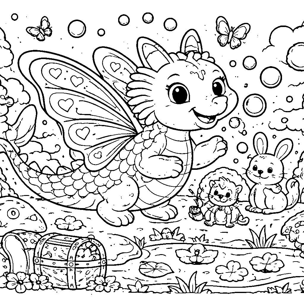 Joyful Dragon Playing with Woodland Animals Coloring Page