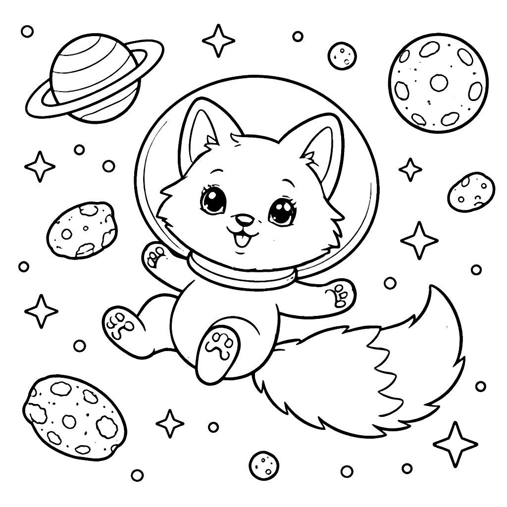 A Joyful Fox Floating in Space - Easy Coloring Page