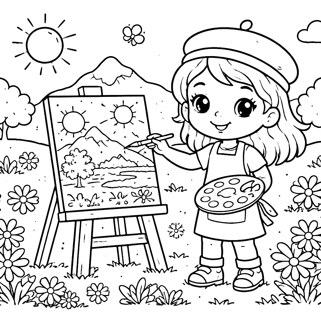A Joyful Girl Artist Coloring Page for Kids