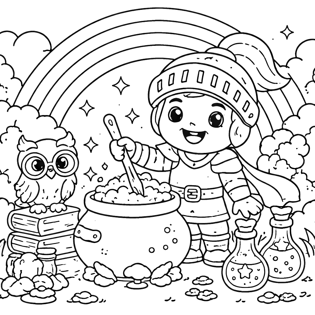 A Joyful Knight Brewing Potions Coloring Page
