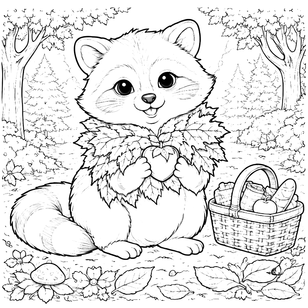 Coloring Page of a Joyful Raccoon in Autumn