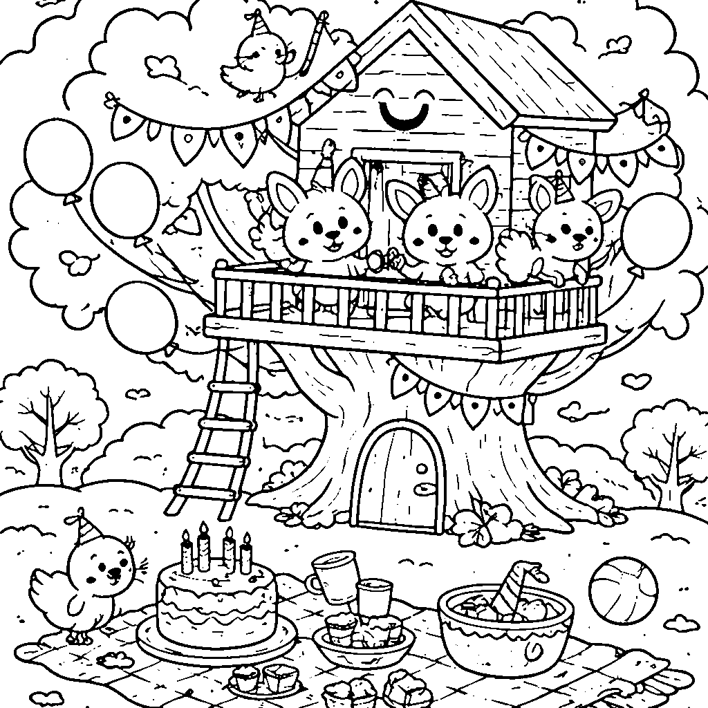 Joyful Treehouse Party Coloring Page