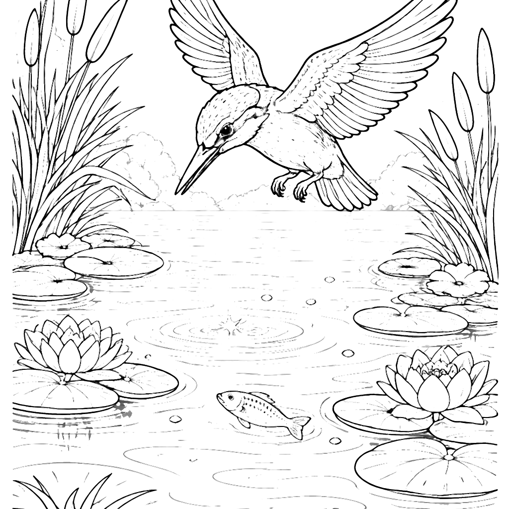 A Kingfisher Coloring Page: Serene Fishing Scene