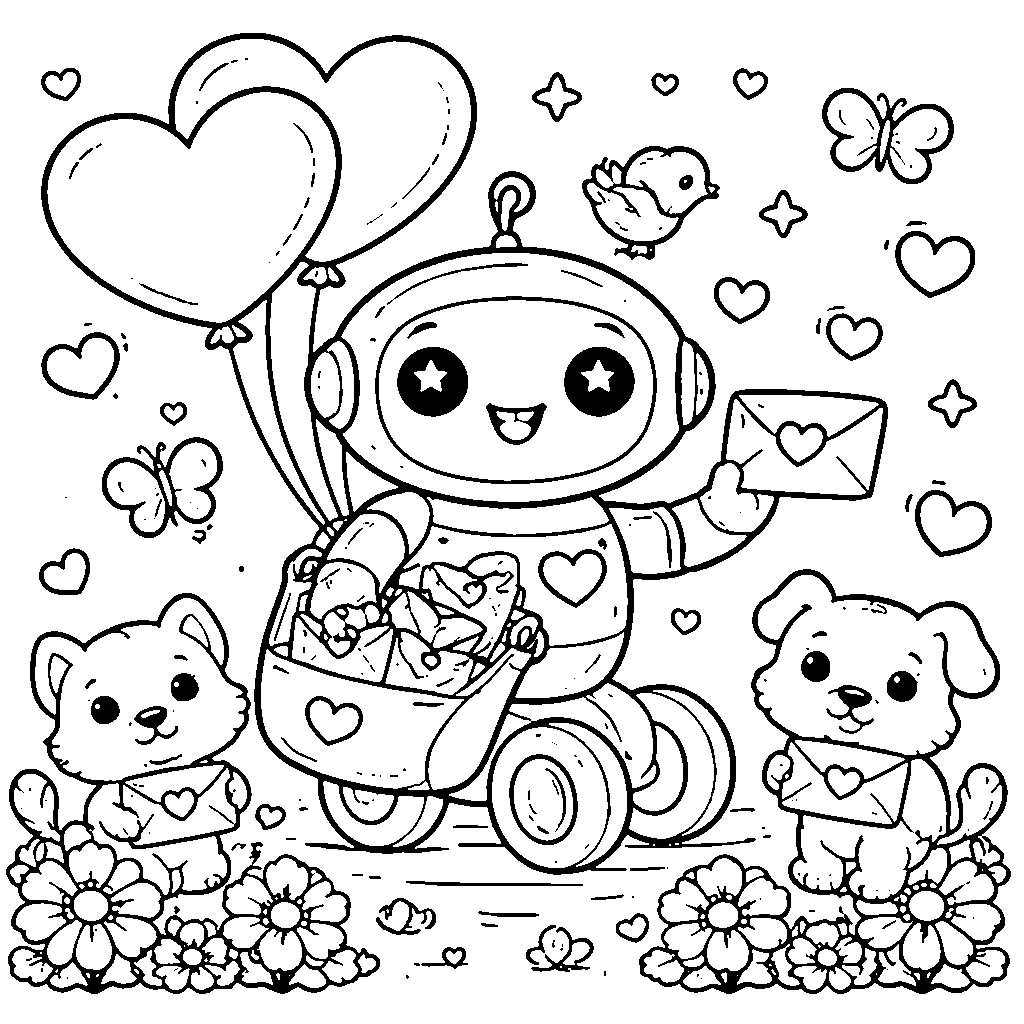 Loveable Robot Delivering Valentine's Day Cards Coloring Page