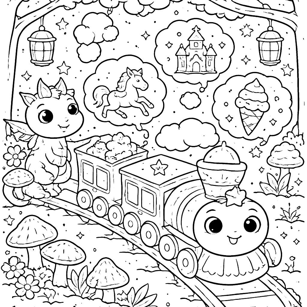 Coloring Page of a Magical Train in a Fantasy Forest