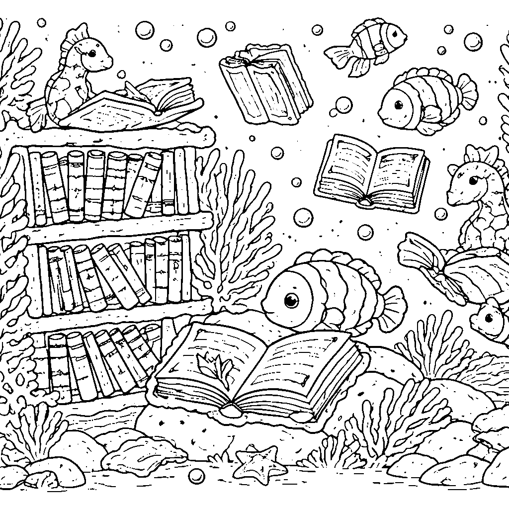 Magical Underwater Library Coloring Page